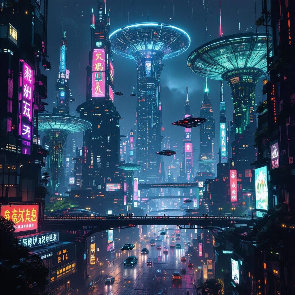 Alien Metropolis at Night: Neon Towers and Organic Architect...