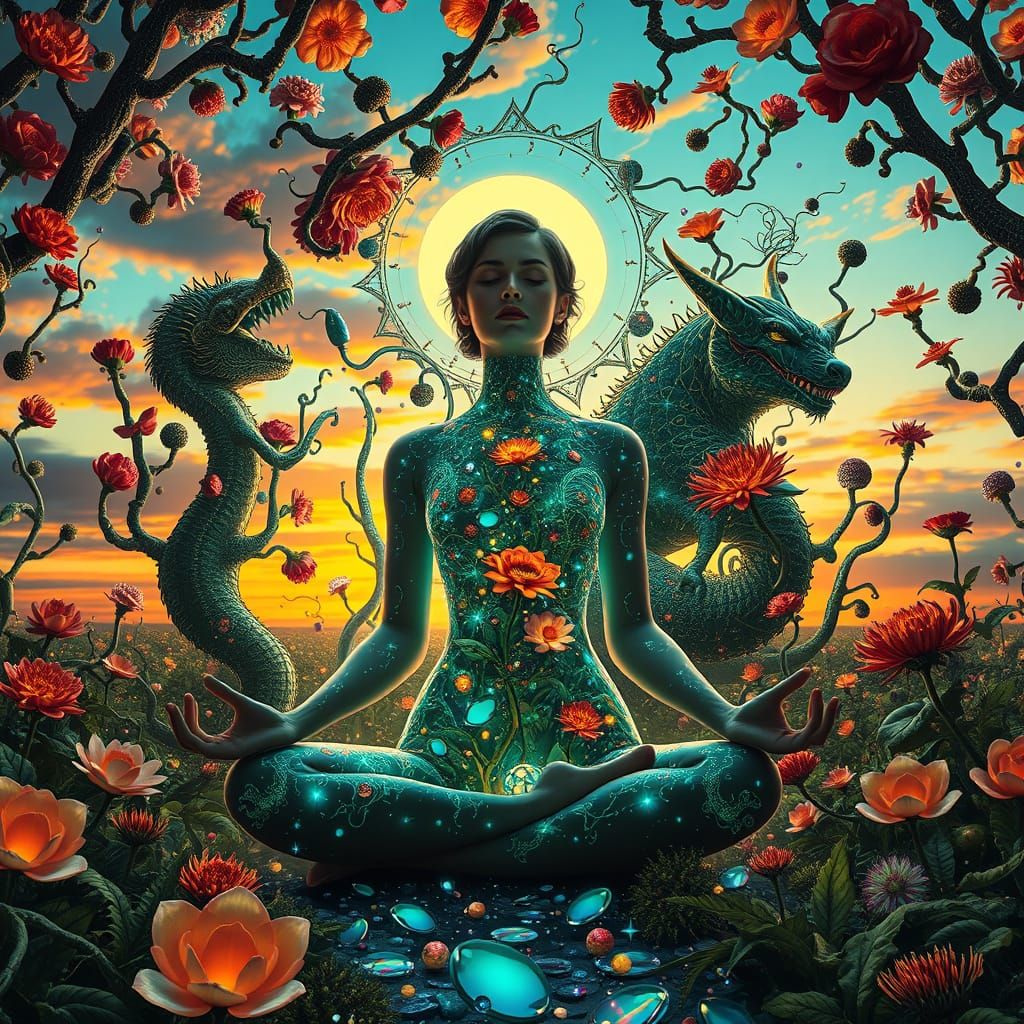 Dreamlike Goddess of Whimsy and Wonder in a Surreal Sunset