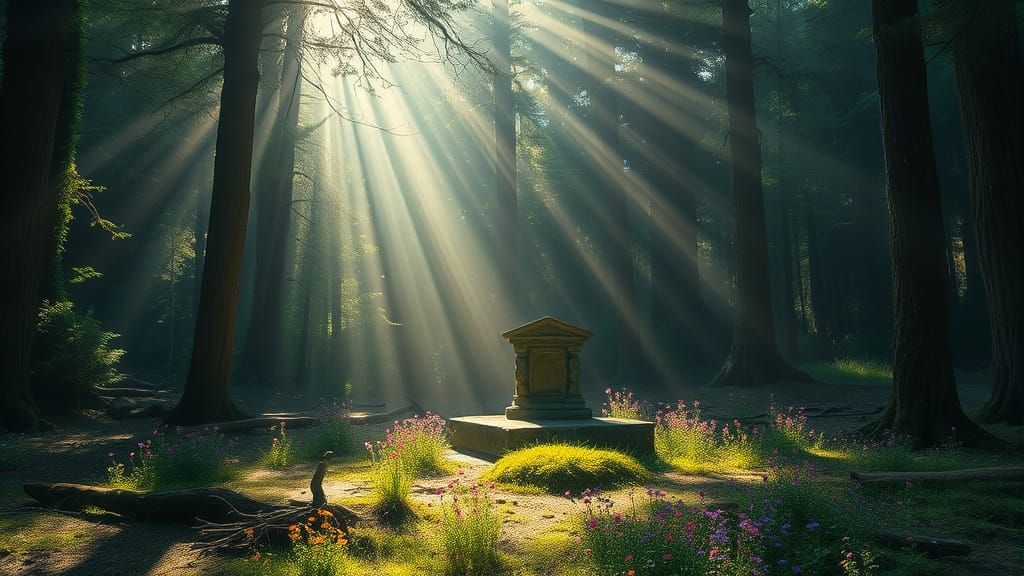 Sunlit Forest Altar: Realistic Oil Painting