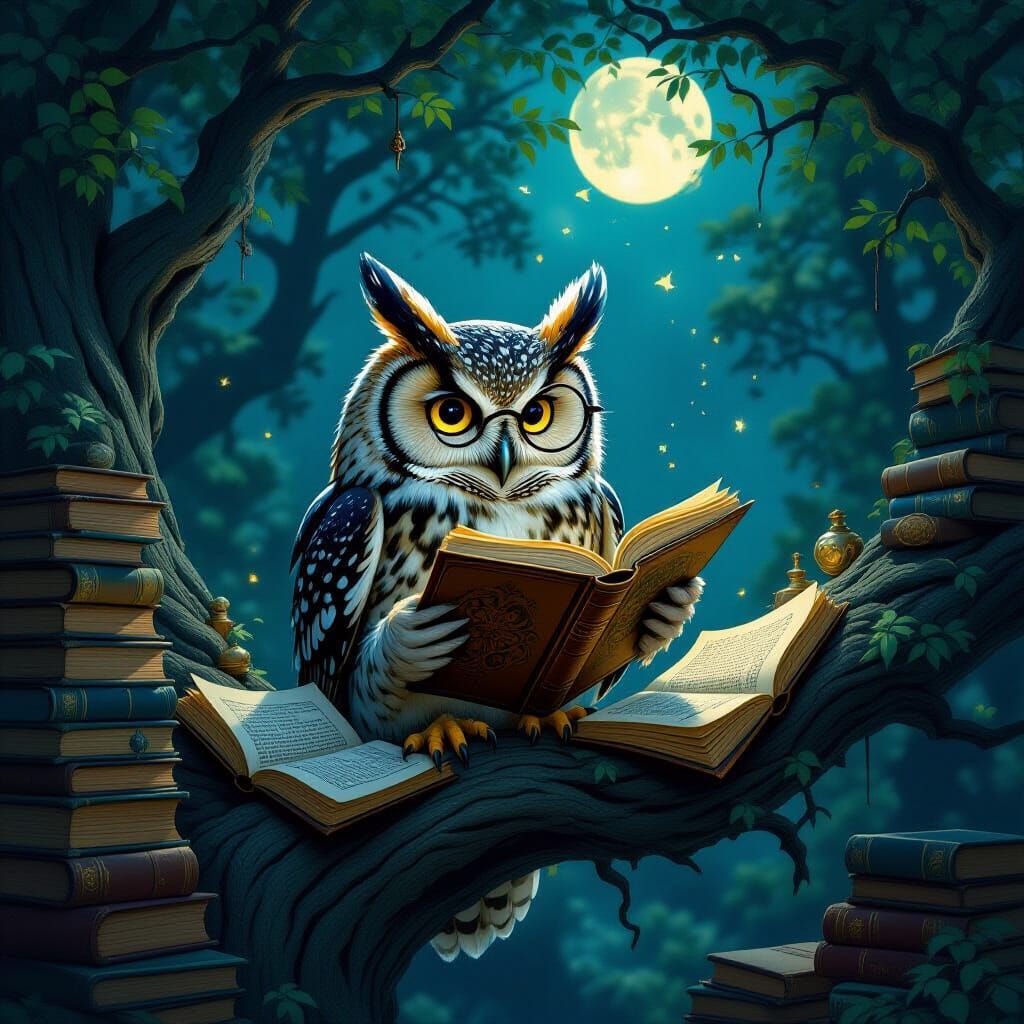 Wise Owl Sorts Ancient Scrolls in Moonlit Library
