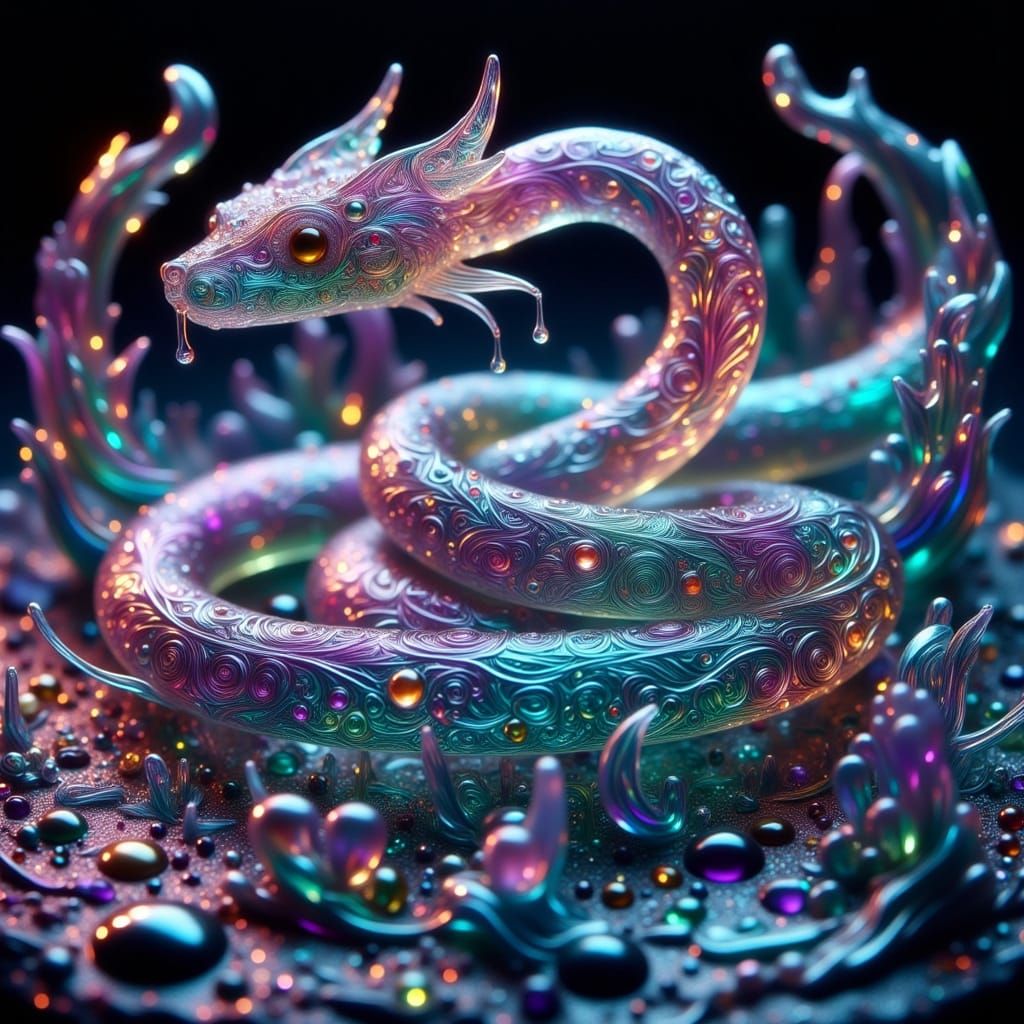 Crystal Glass Snake Slithers Through Bioluminescent Slime in...