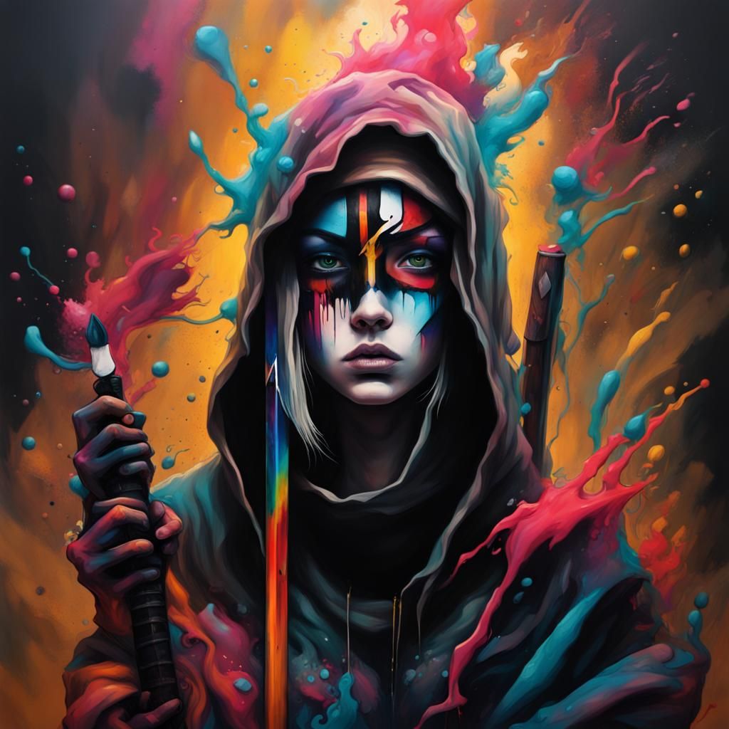 Woman with Smoke Sword in Graffiti Art Style