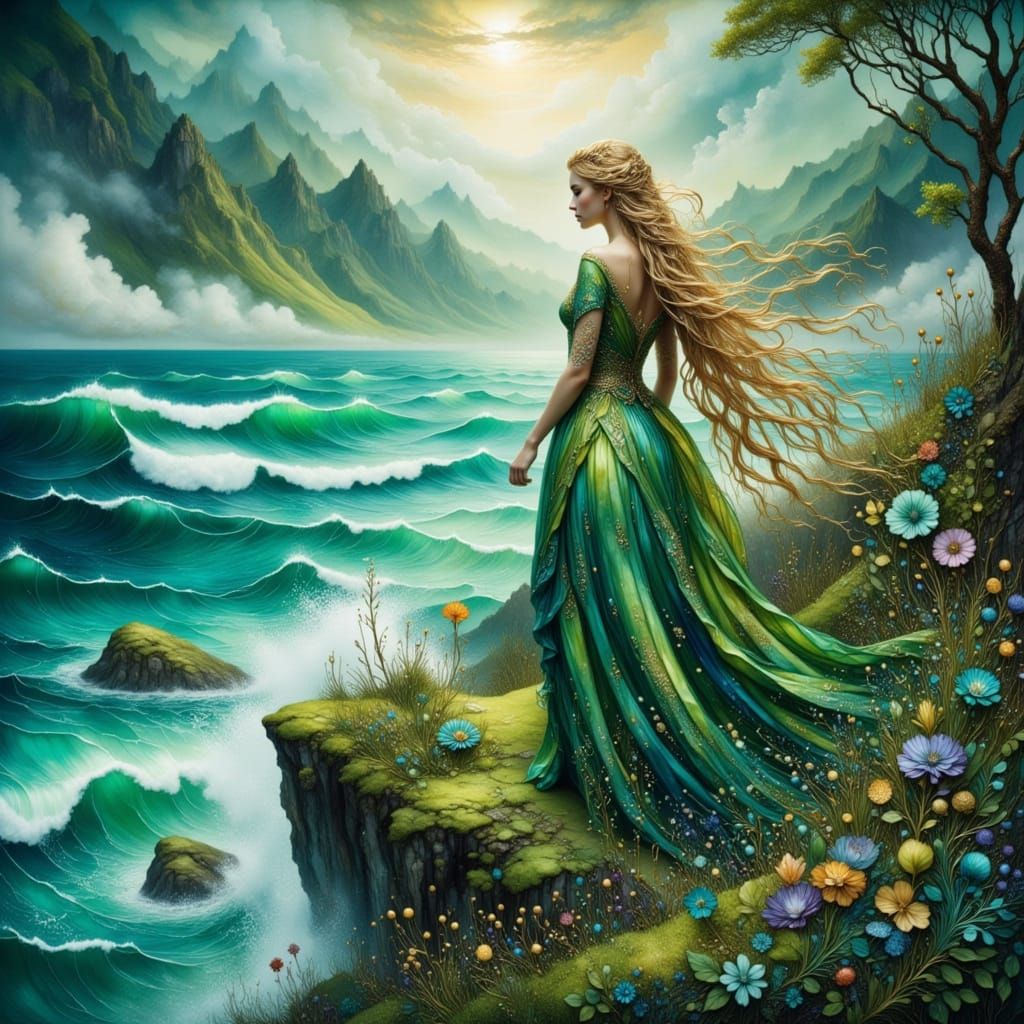 Viking Girl on Green Cliff in Dreamy Style