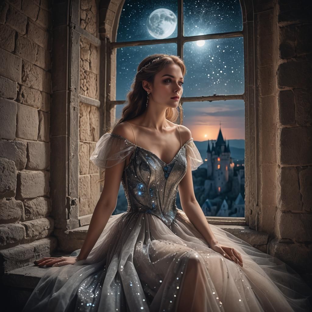 Mysterious Lady by Castle Window at Midnight