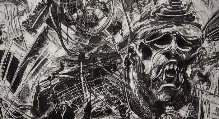 Intricate Mural of Anguished Figures in Kim Jung Gi Style