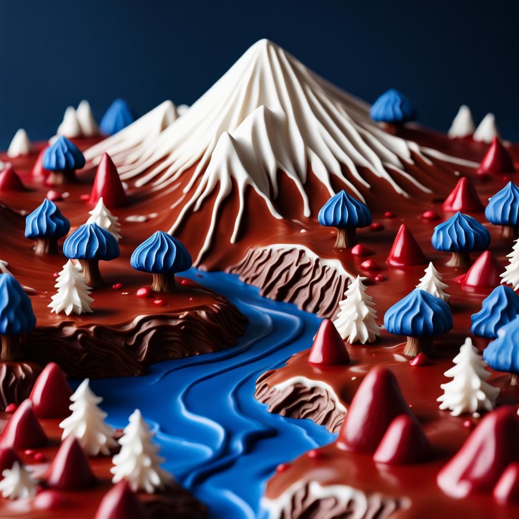 Hyperrealistic Chocolate River in Frosting Forest