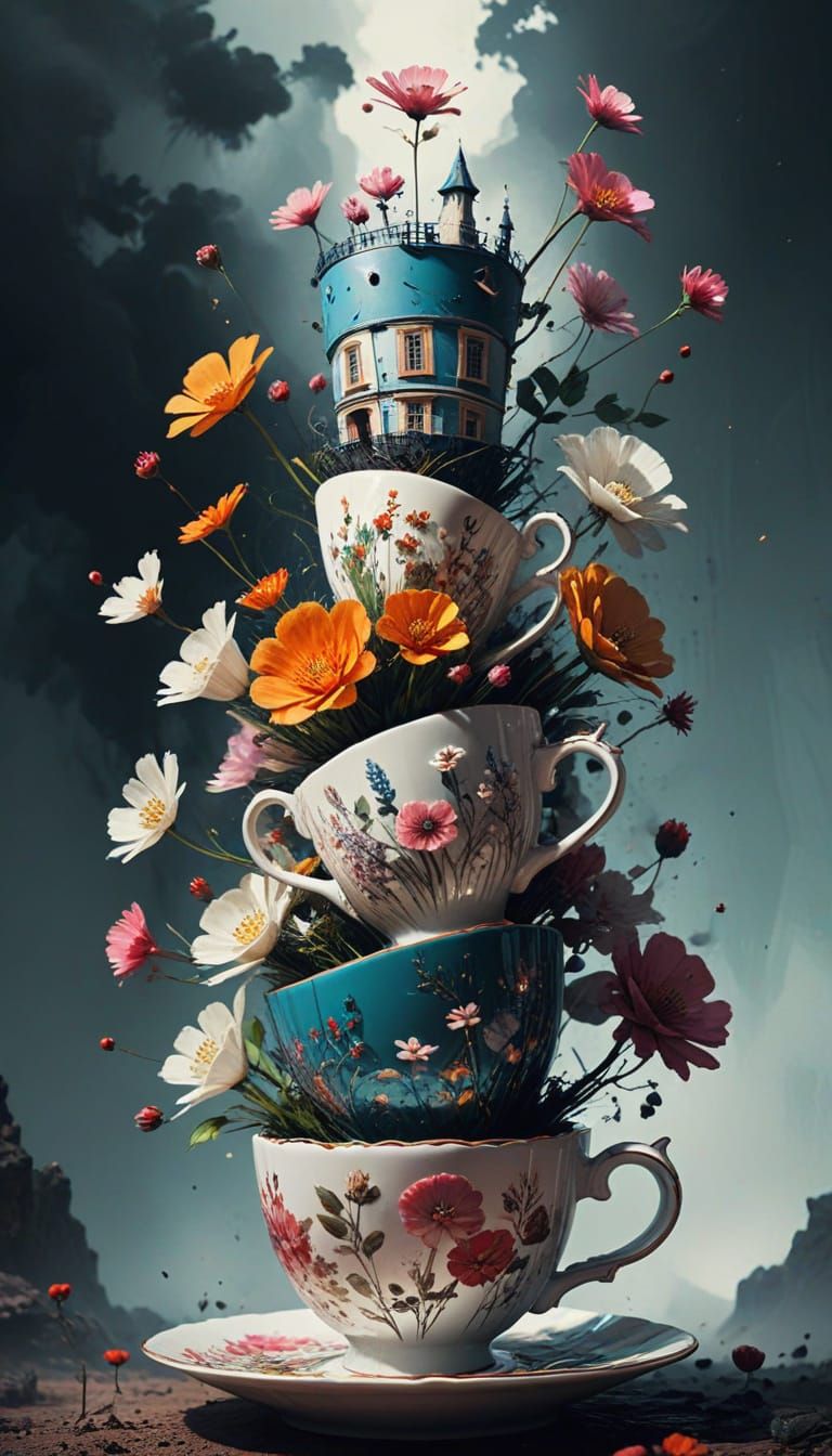 Whimsical Teacup Tower in Studio Trigger Anime Style