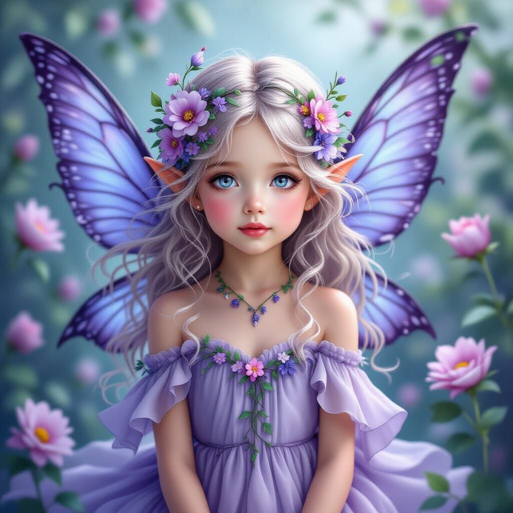 Fantasy Fairy with Translucent Wings and Floral Details