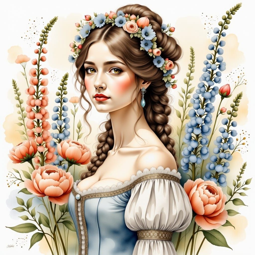 Elegant French Woman in Lush Watercolor Style