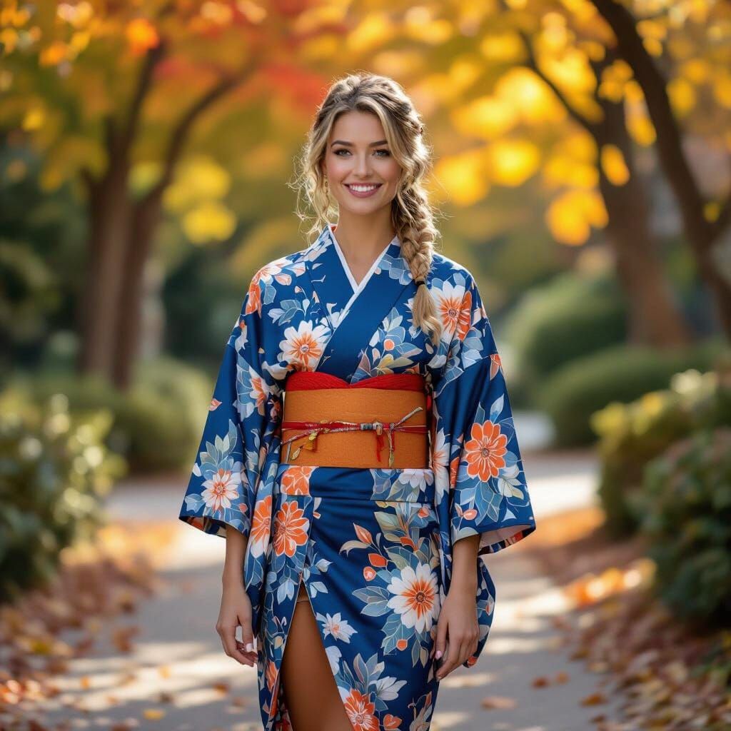 Woman in Floral Kimono and Leather Leggings, Autumn Light