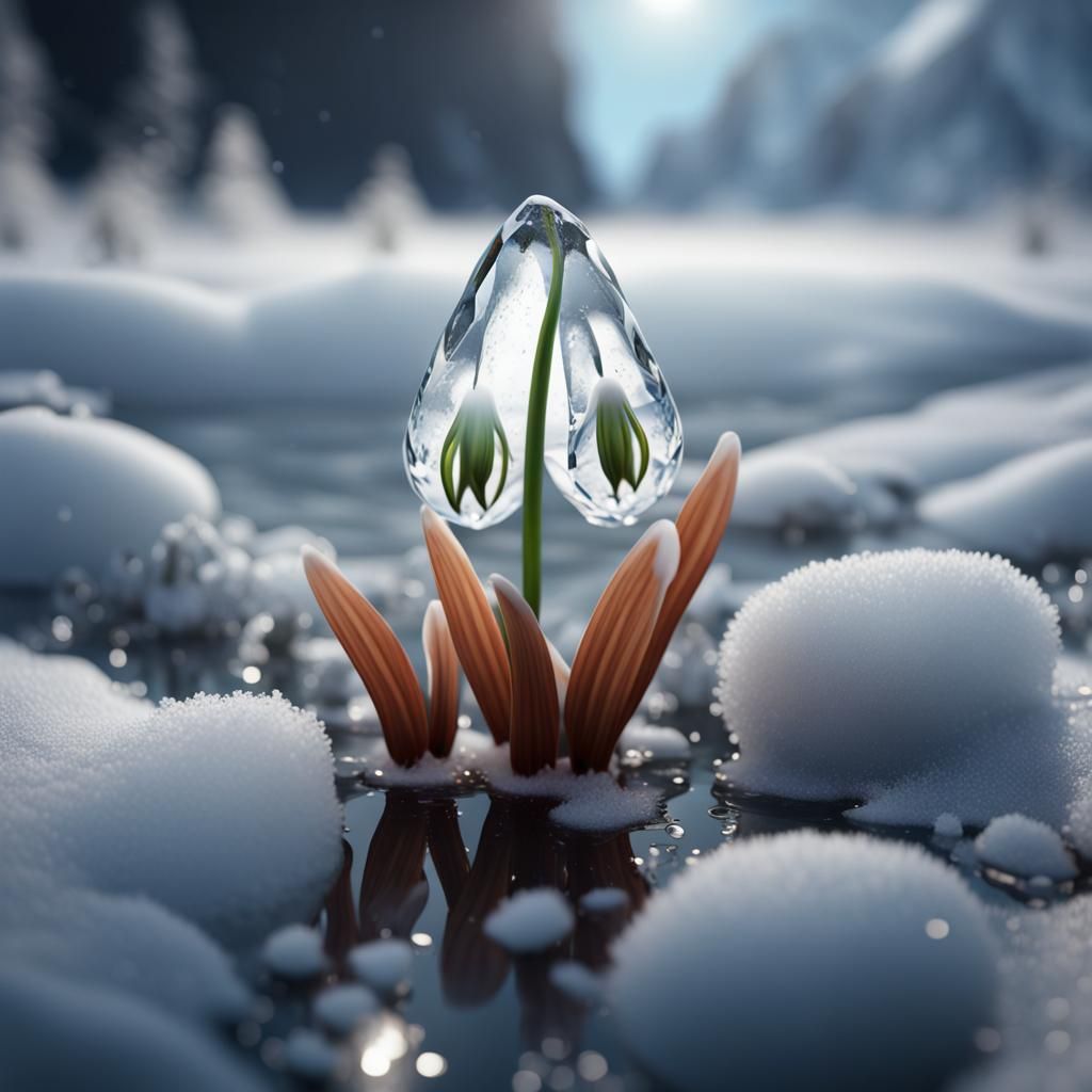 Snowdrop Flower Emerges from Ice: Detailed Matte Painting