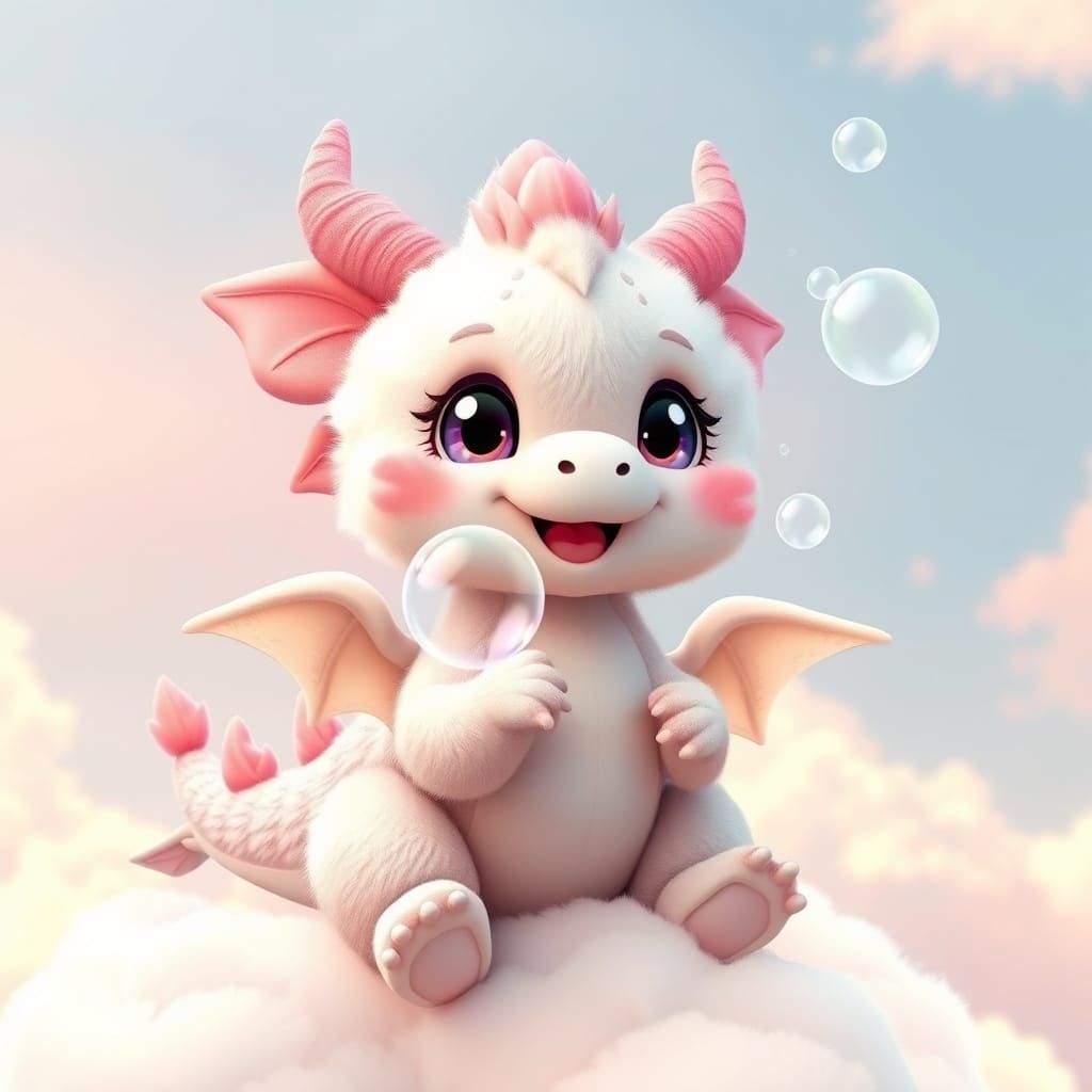Kawaii Dragon Blowing Bubbles in Pastel Sky