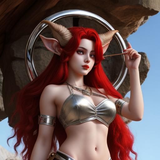 Female Satyr Bard with Red Hair and Silver Eyes