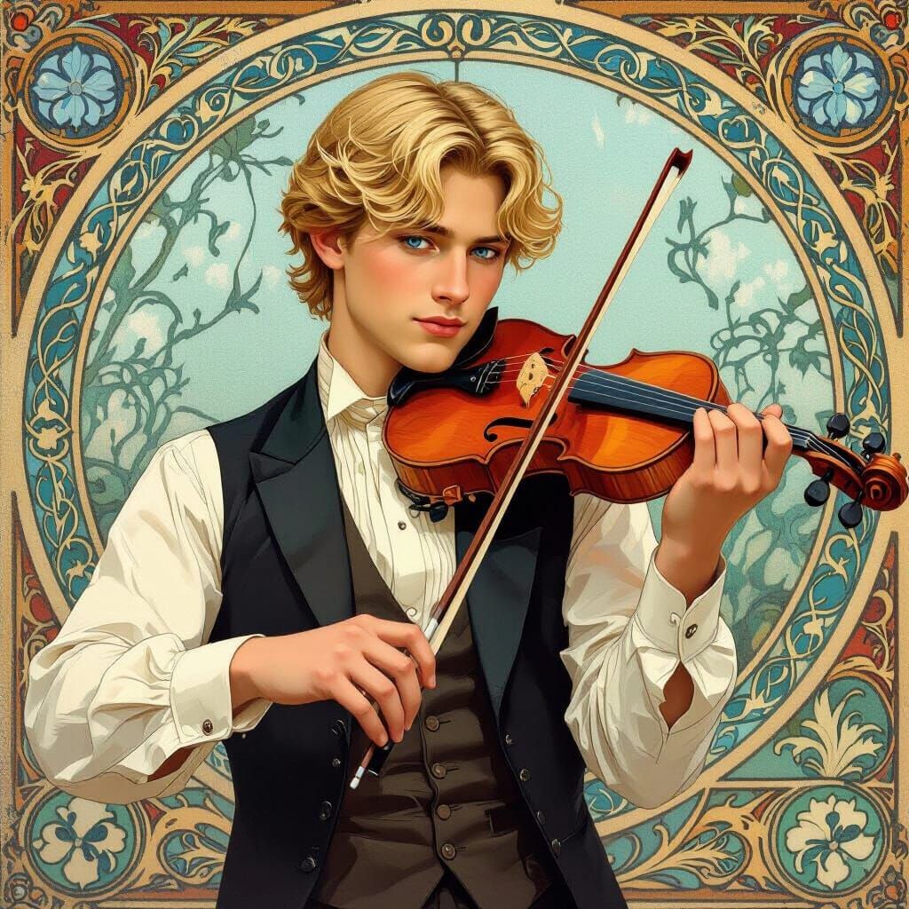 Blond Man Playing Violin in Alphonse Mucha Style