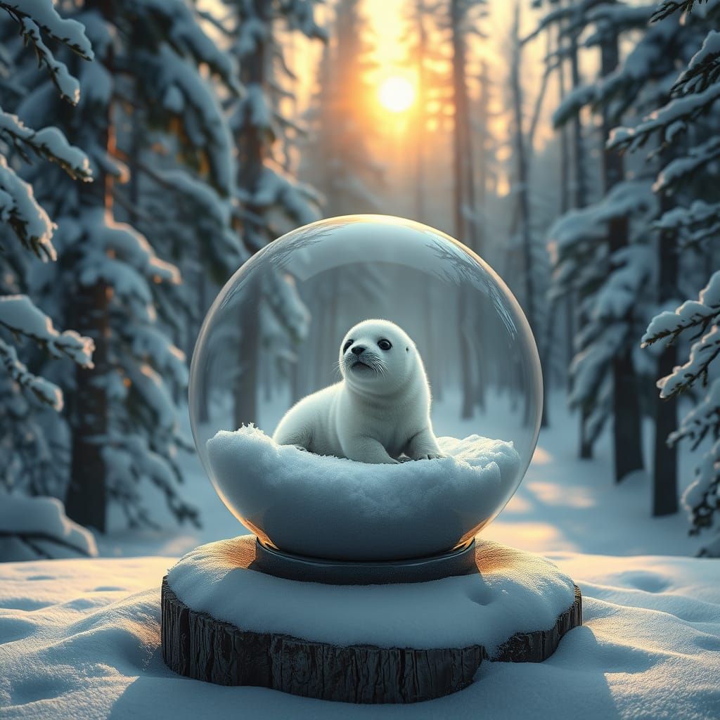 Snowy Forest Scene With Seal in Glass Sphere