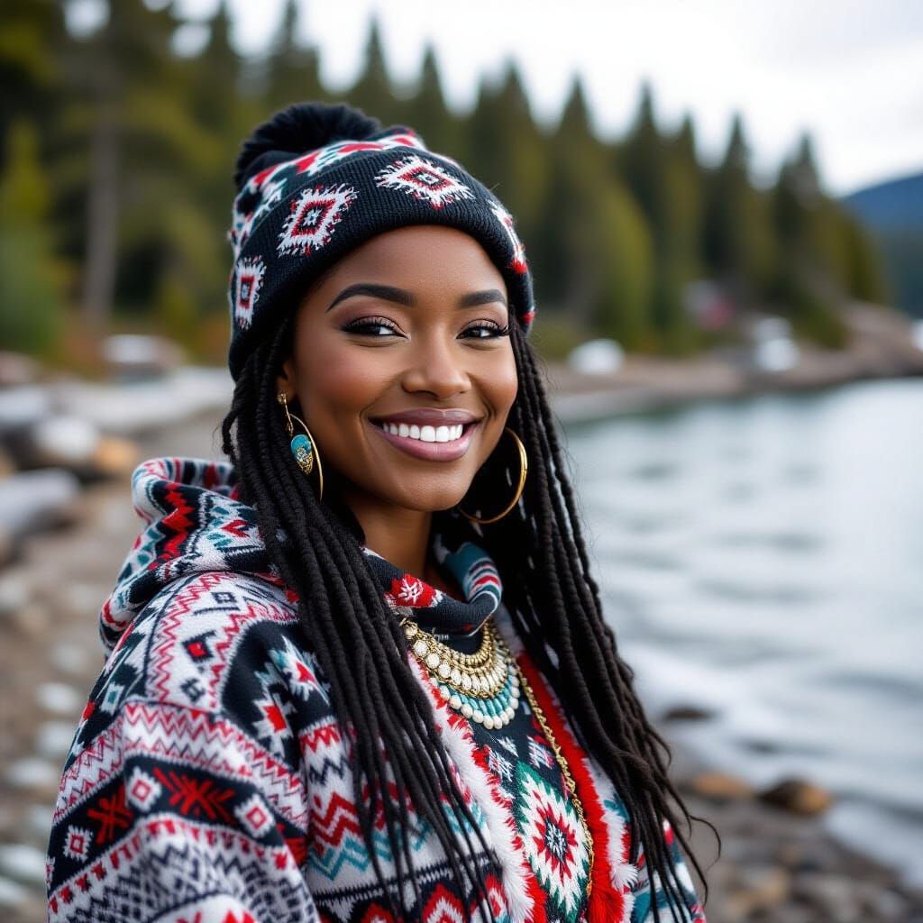 Smiling Woman in Inuit Streetwear on Canadian Shore
