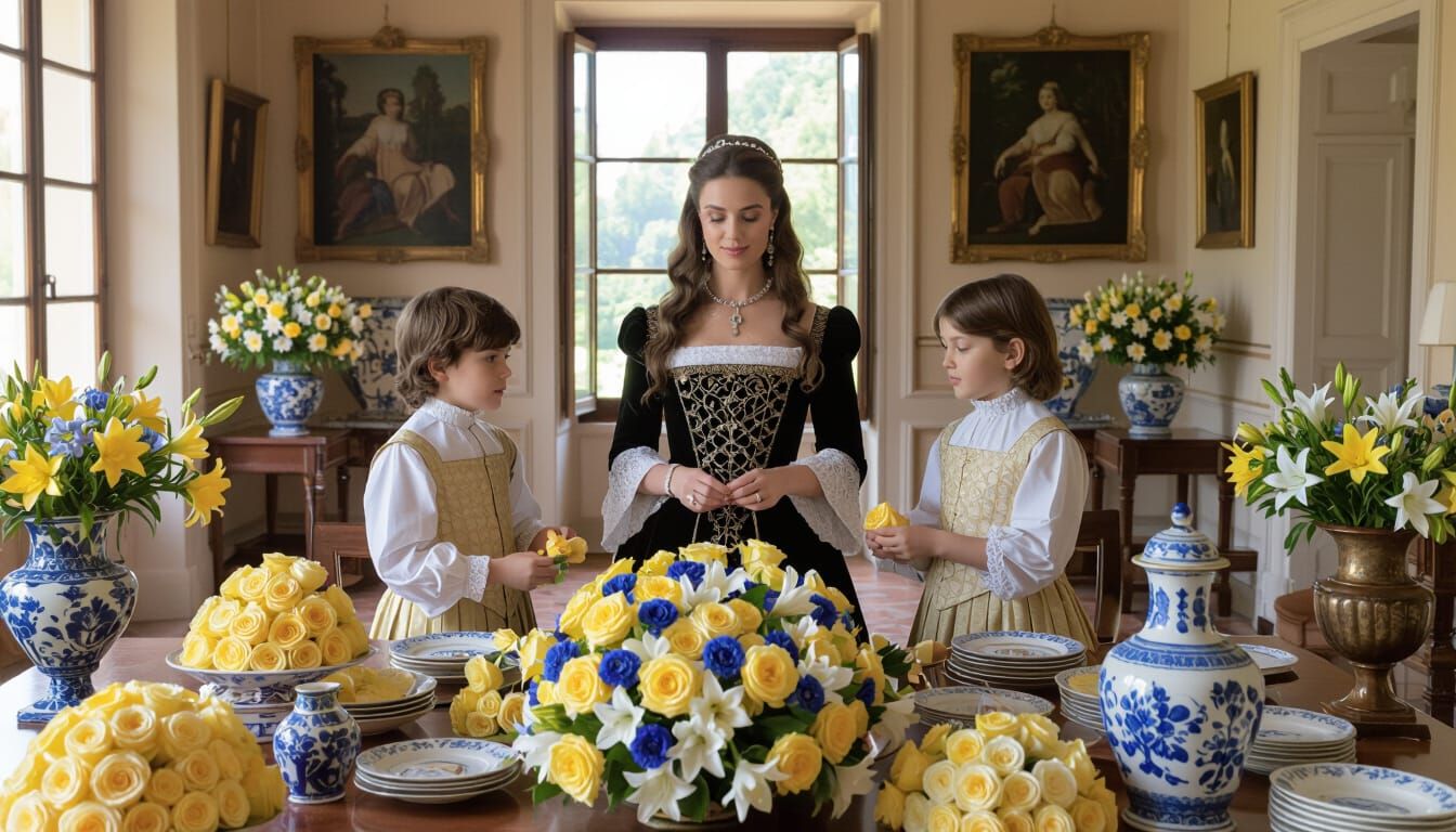 16th Century Noblewoman with Sons Arranging Flowers