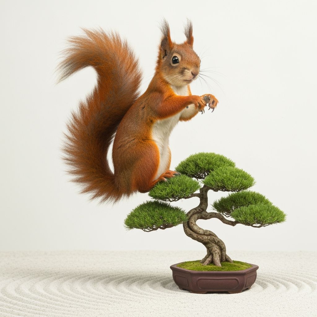 A large and confused red squirrel tries to climb a bonsai tr...