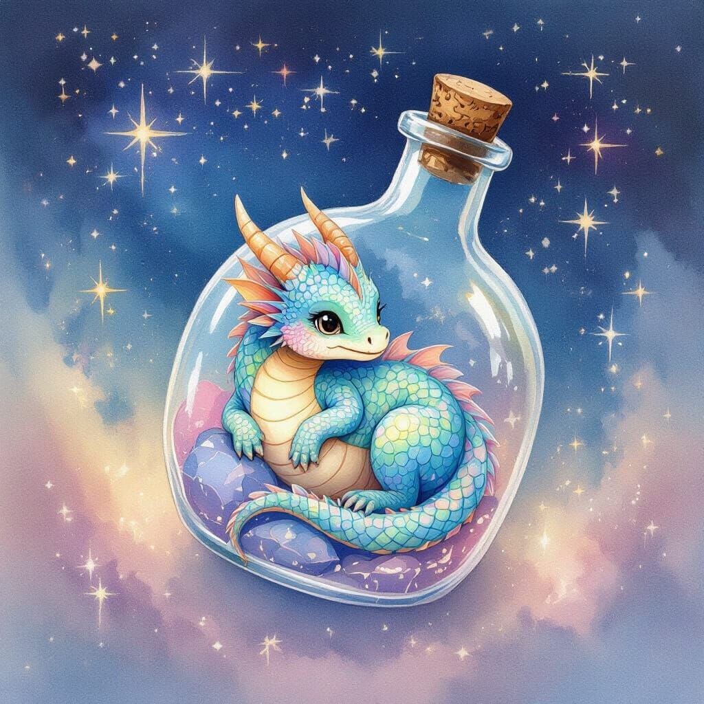 Miniature Dragon in a Bottle: Watercolor Nebula Dream