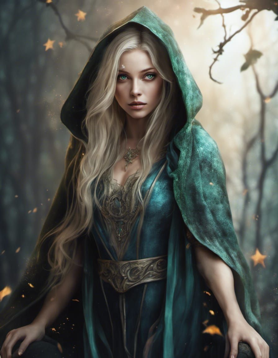 Beautiful Witch with Blonde Hair and Green Robes