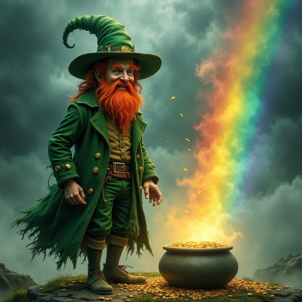 Whimsical Leprechaun Guarding Pot of Gold at Rainbow's End