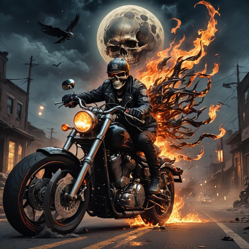 Flaming Skull Biker on Harley in Apocalyptic Scene