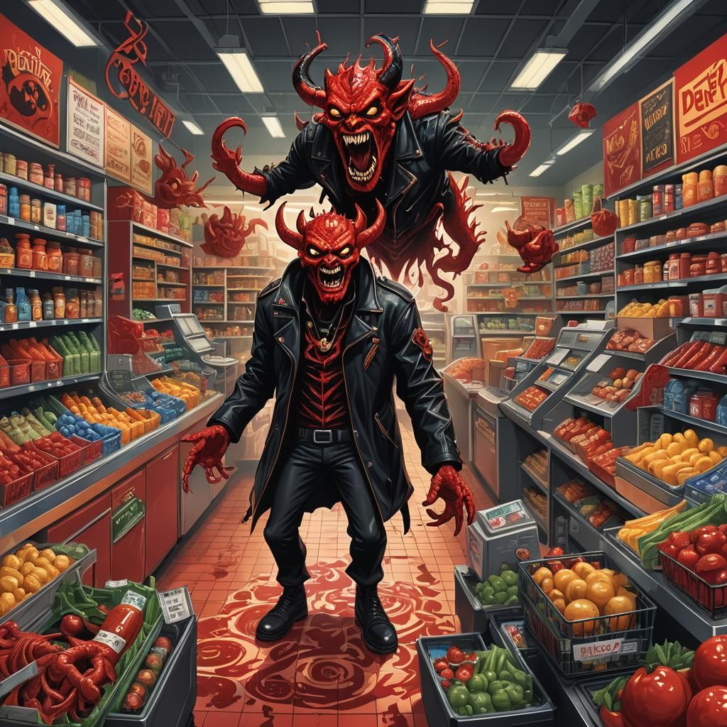 Cartoon Red Devil at Grocery Store, Fantasy Art