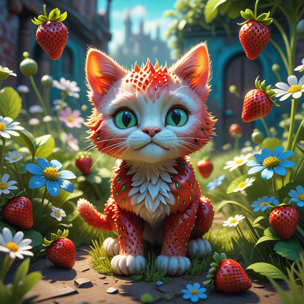Strawberry-Kitten Field: A Pixar-Inspired 3D Dream