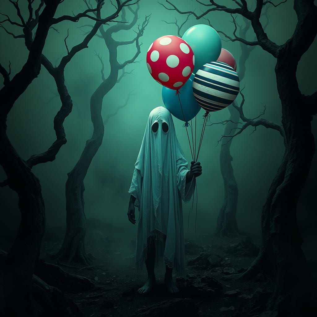 Ghost Holding Balloons in Haunted Forest