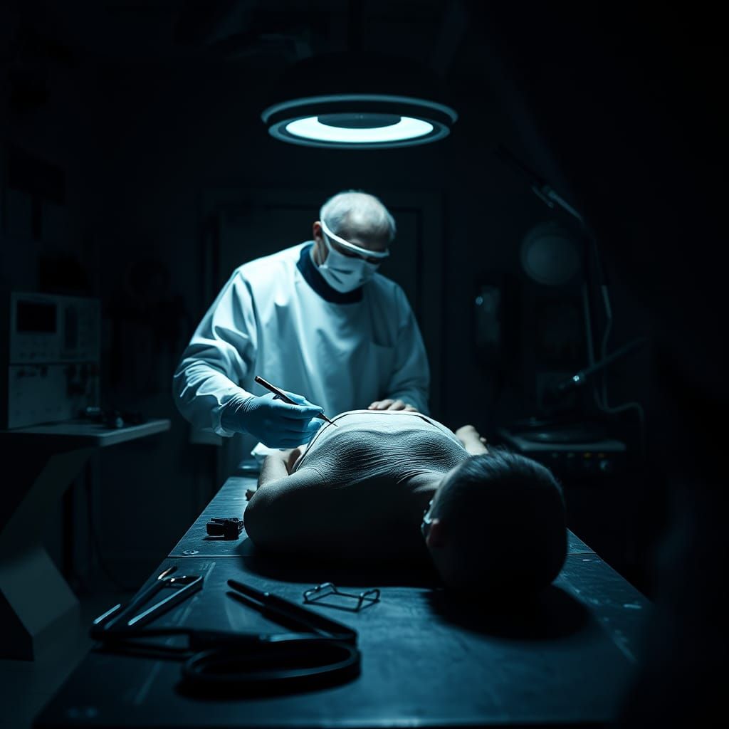 Coroner Examines Body in Dimly Lit Morgue