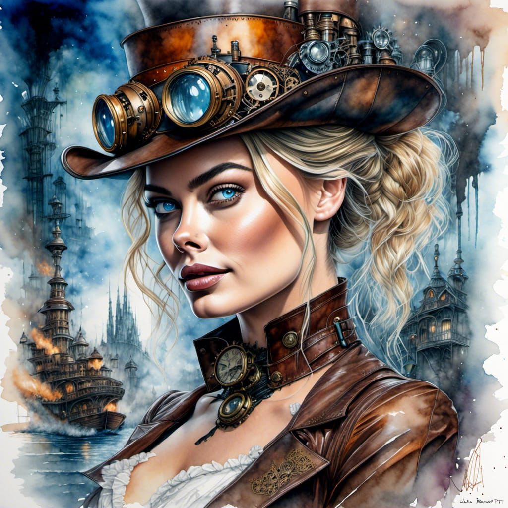 steampunk Margot Robbie in a steampunk world