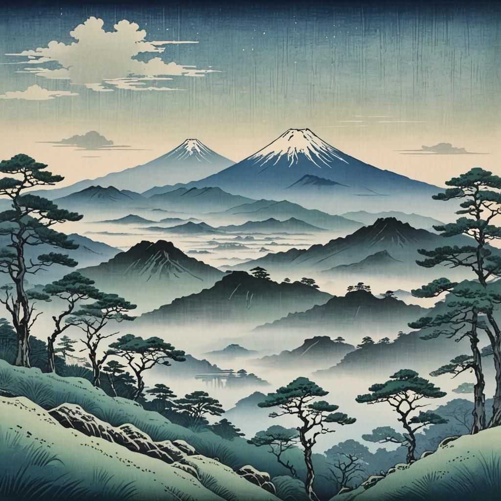 Minimalist Fuji Mountain Ukiyo-e Landscape