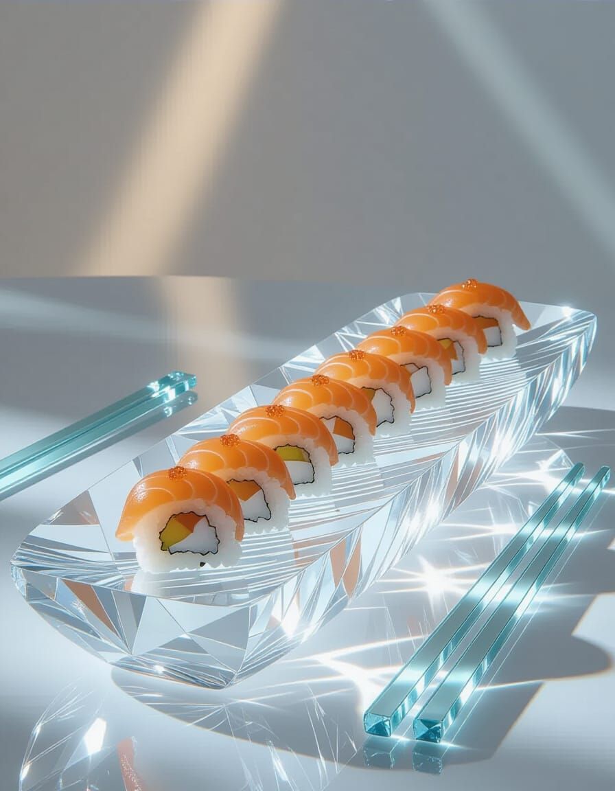 Futuristic Crystal Sushi Bar in Glasswork Style