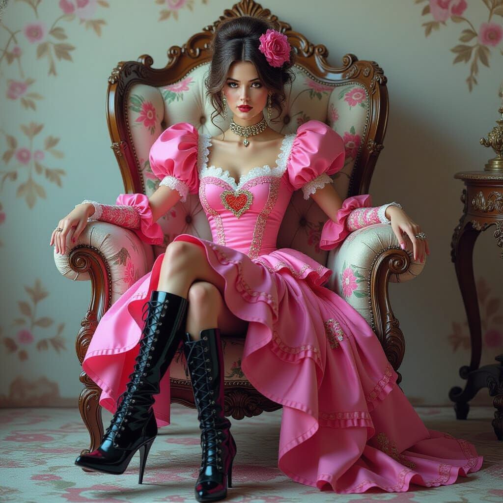 Steampunk Woman in Pink Dress on Rococo Chair