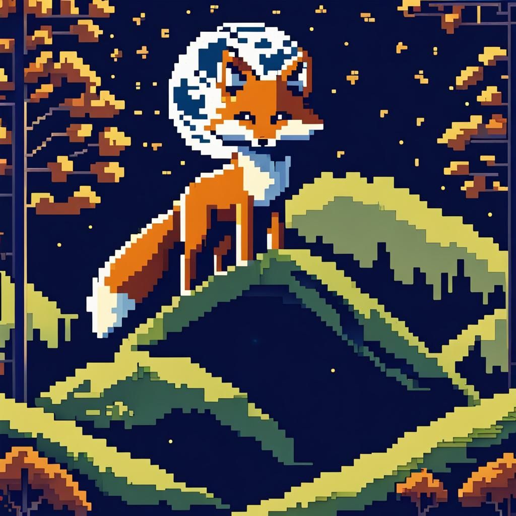 8-bit Pixel Art: Fox on Hill at Night