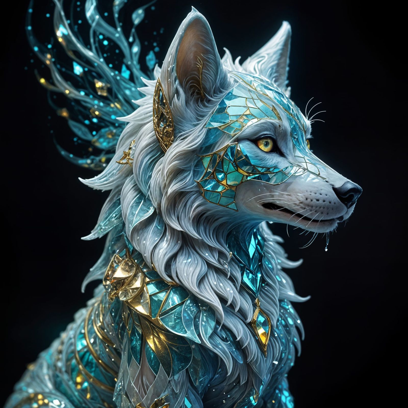 Mystical Crystalline Wolf with Feline Traits