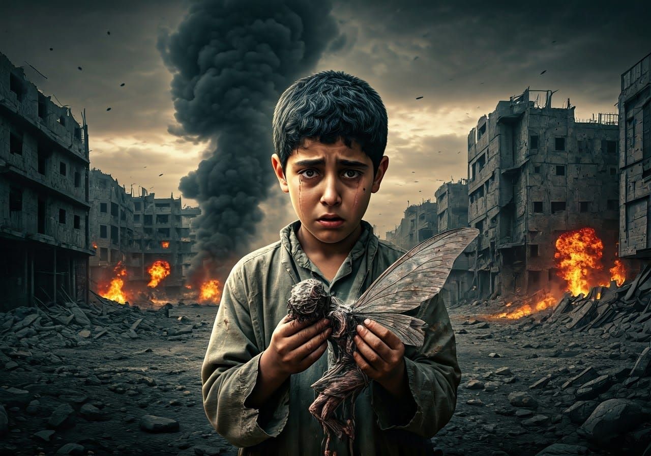 A young Arab boy, dressed in tattered clothes, his face frightened and his eyes filled with tears, holds in his hands a ...