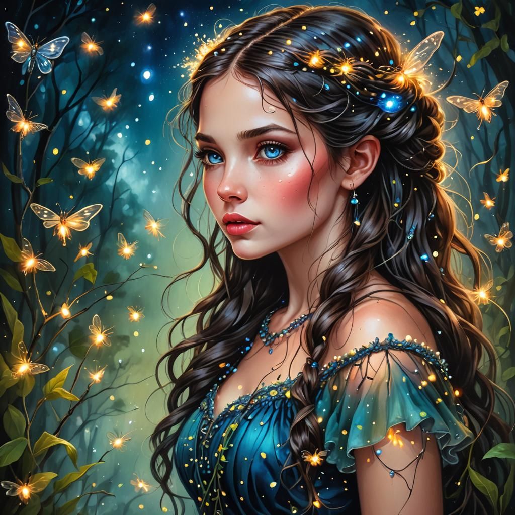 Brunette Fairy with Fireflies: Mixed Media Painting