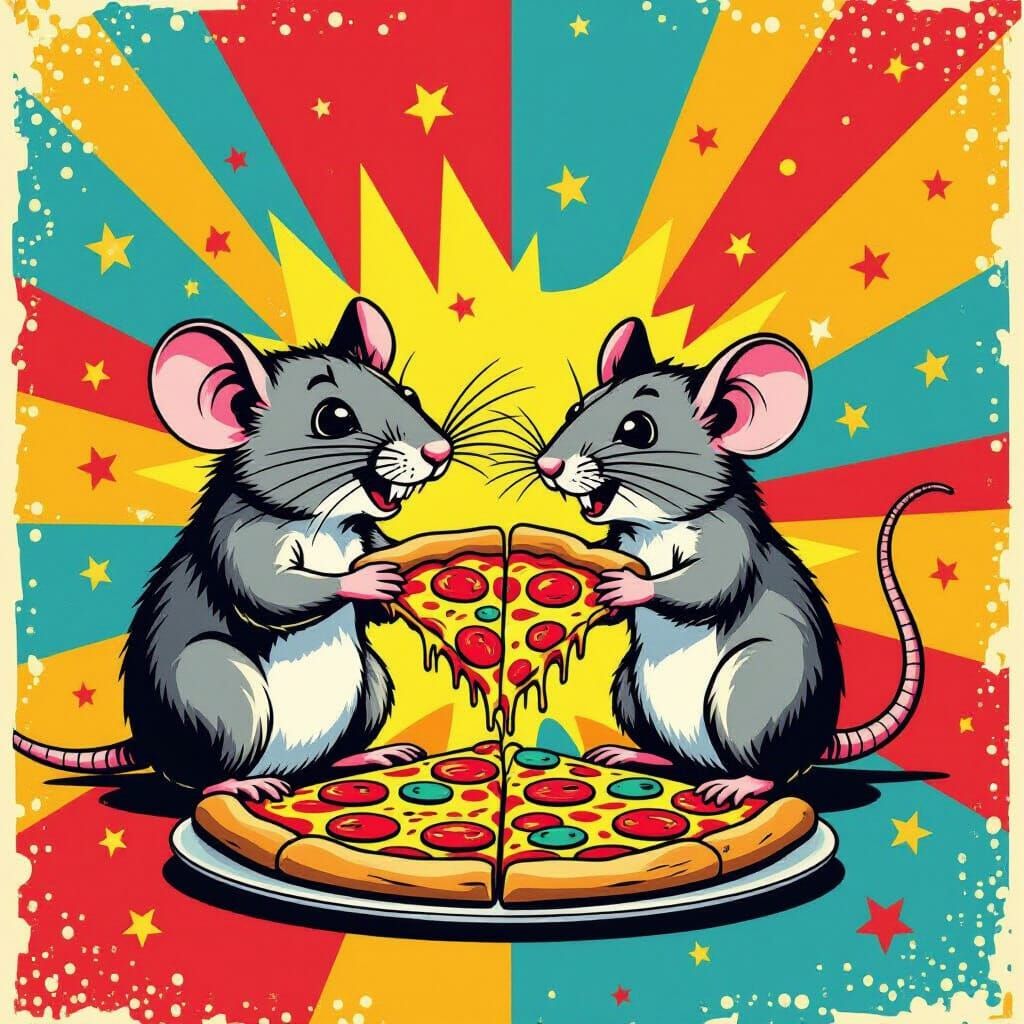 Rat and Mouse Joyfully Share Pizza in Pop Art Style