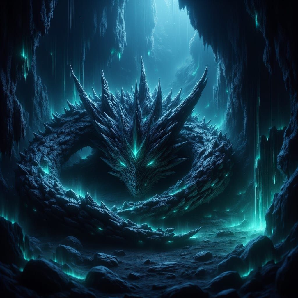 Colossal Obsidian Dragon Sleeps in Luminescent Cavern