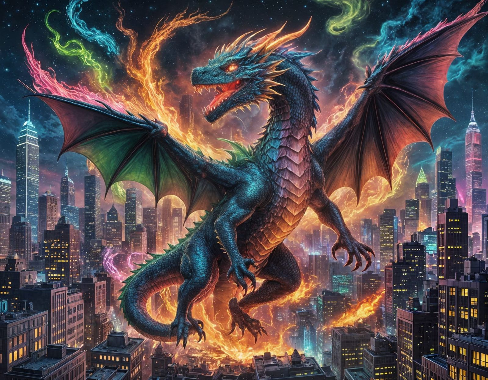 Neon Dragon Soaring Over Futuristic Cityscape