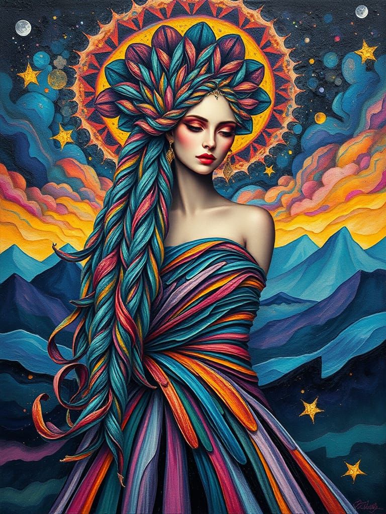 Goddess with Ribboned Braids in Psychedelic Landscape