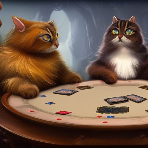 Cats Playing Cards: Detailed Fantasy Concept Art