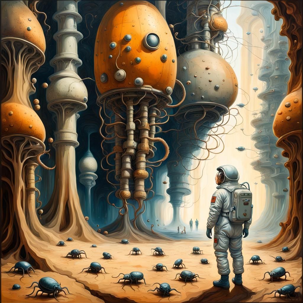 Astronaut's Alien Encounter: Surrealist Underground City