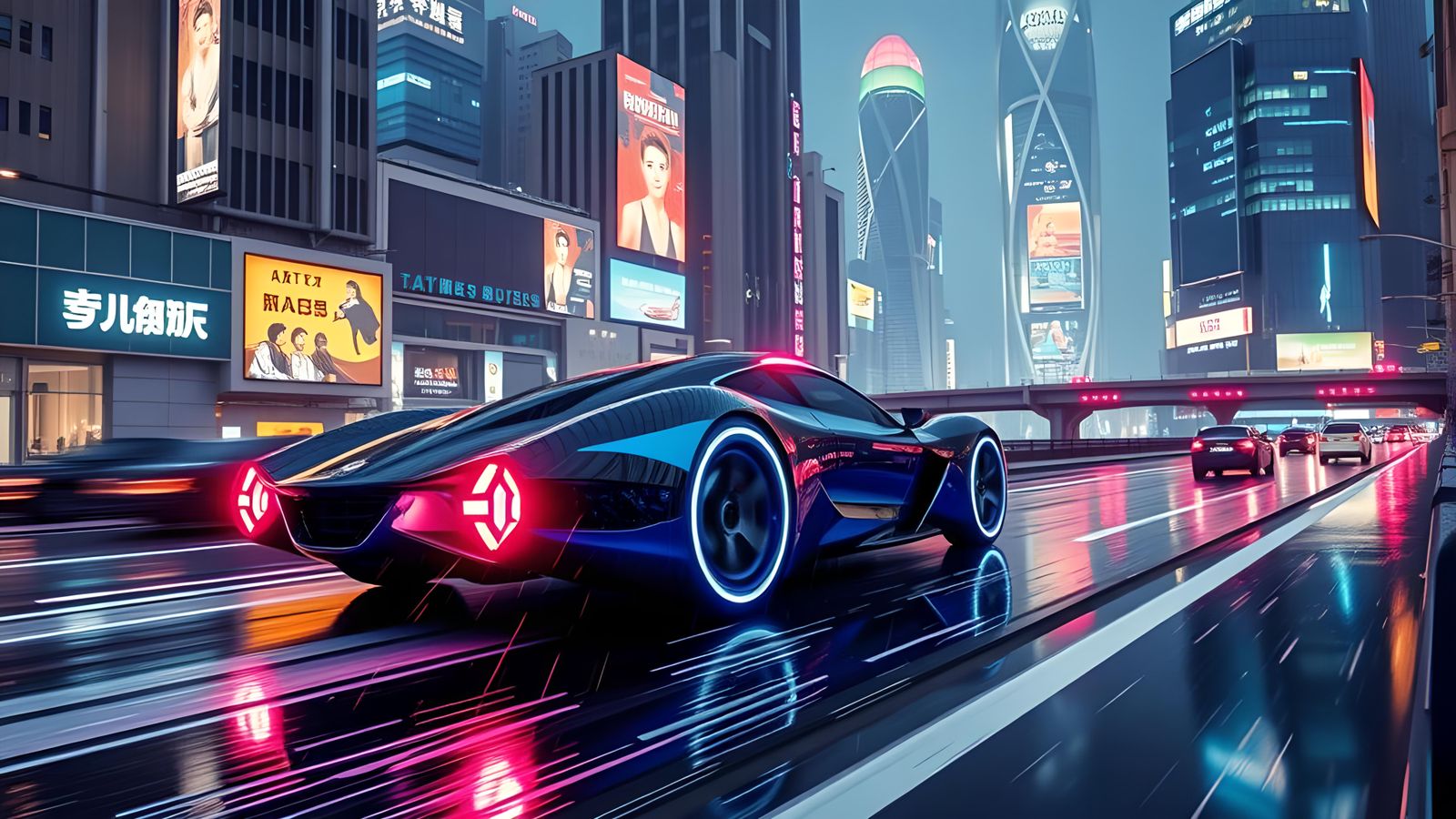 Futuristic Hover Car on Neon Road in Cyberpunk Style