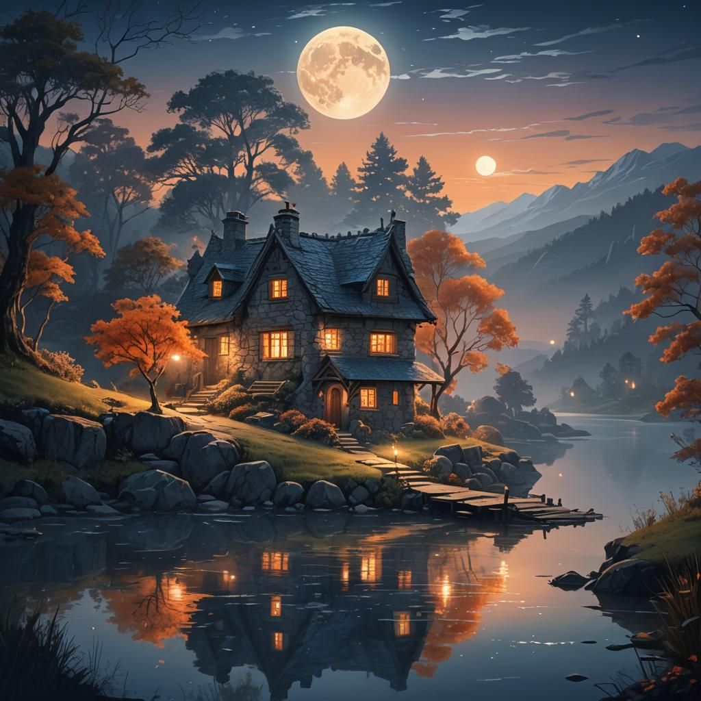 Enchanting Stone Cottage Under Moonlight: Fantasy Matte Pain...