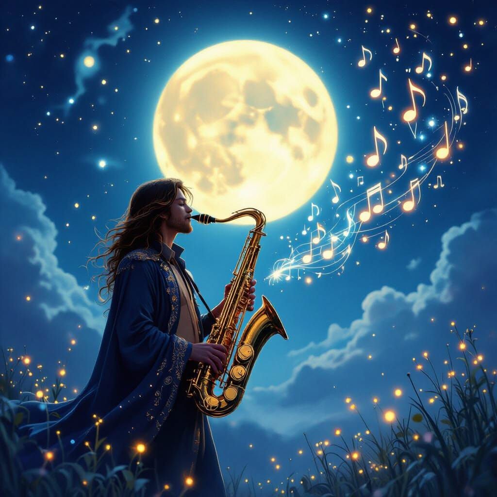 Magical Musician Under Moonlit Sky Playing Saxophone