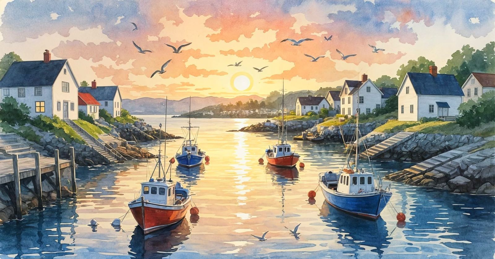 Watercolor Sunset Harbor Scene with Fishing Boats