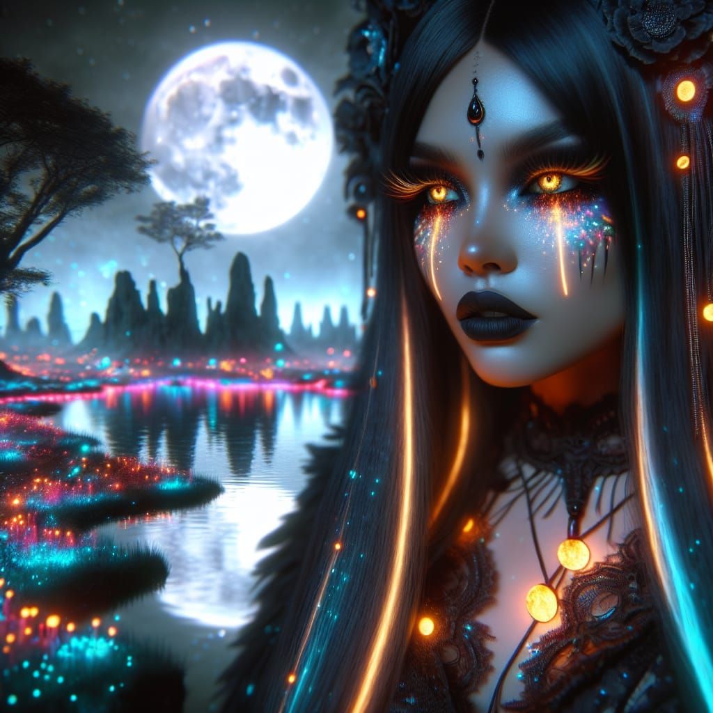Gothic Unami Woman in Bioluminescent Landscape