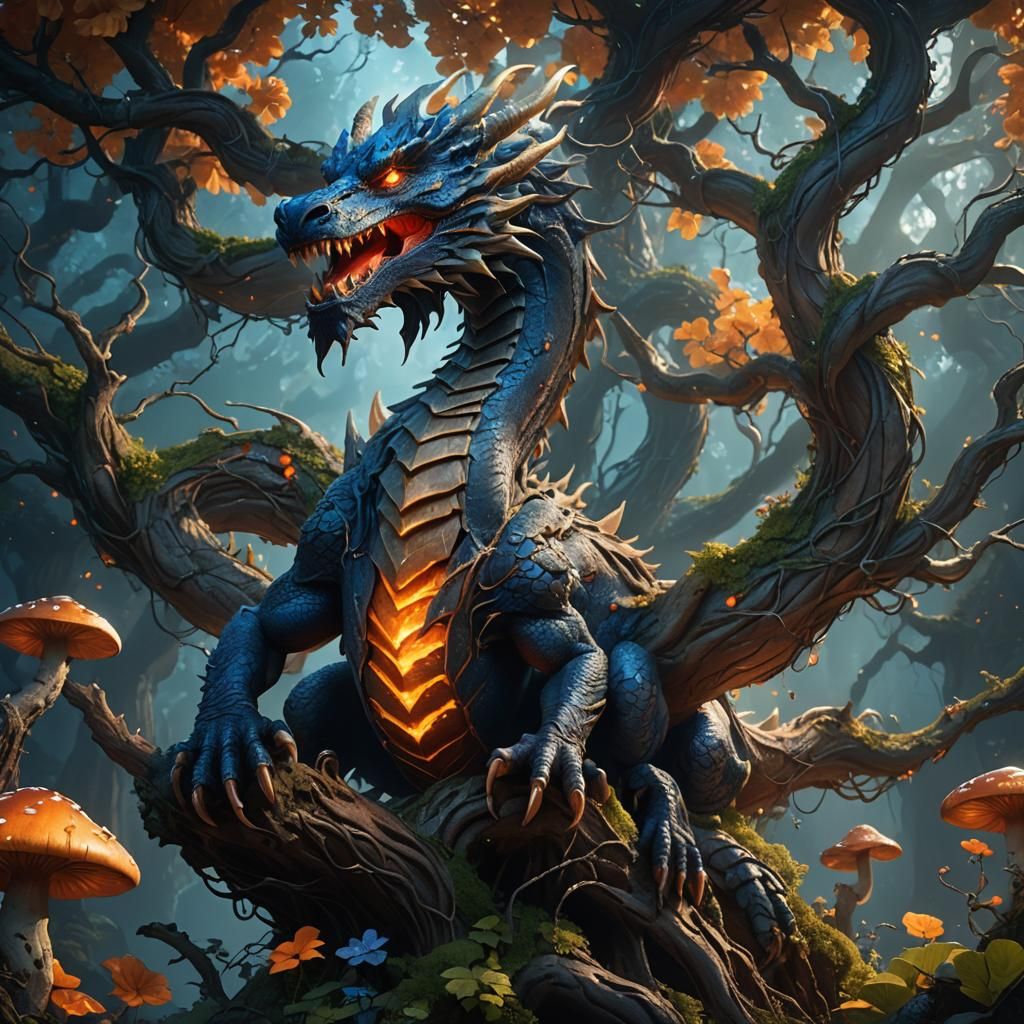 Dragon on Mystical Tree: Fantasy Concept Art